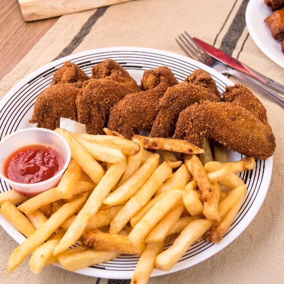 Plate of crispy fried chicken pieces with French fries and ketchup, beside another plate of fried chicken on a dining table.