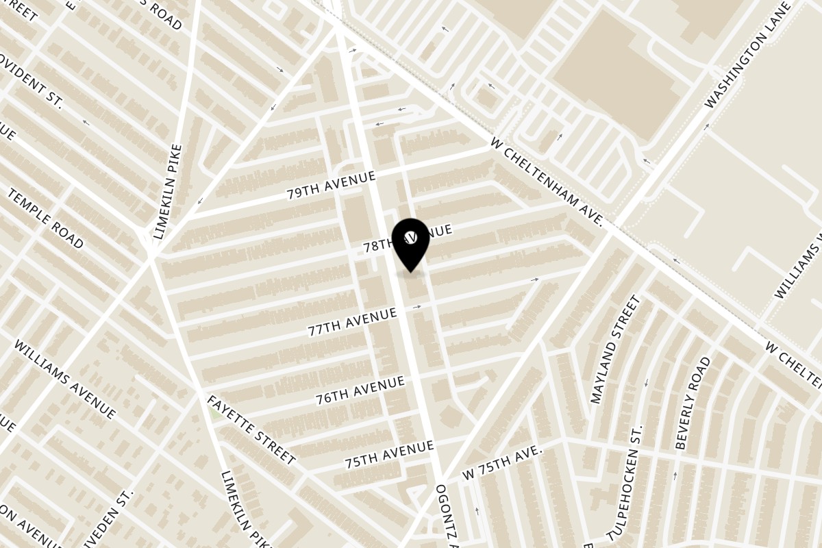 Map showing the location of BBQ Town on 7711 Ogontz Ave in Philadelphia